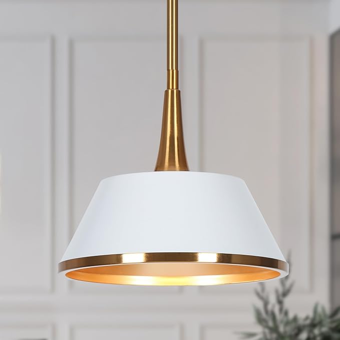 KSANA Pendant Lights Kitchen Island, 9'' White and Gold Metal Pendant Light Fixtures, Modern Plating Brass Kitchen Pendant Lighting Over Island