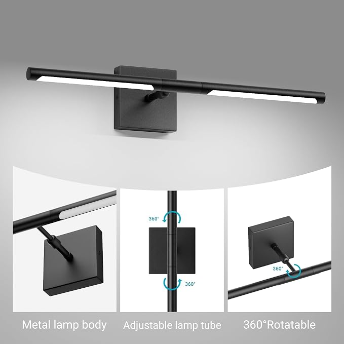 Tipace Hard-Wired LED Bathroom Light Fixtures Over Mirror,24W 360°Rotatable 5500K Black Vanity Light Bar,Modern Wall Sconce for Living Room,Bedroom,Hallway,23.6 Inch