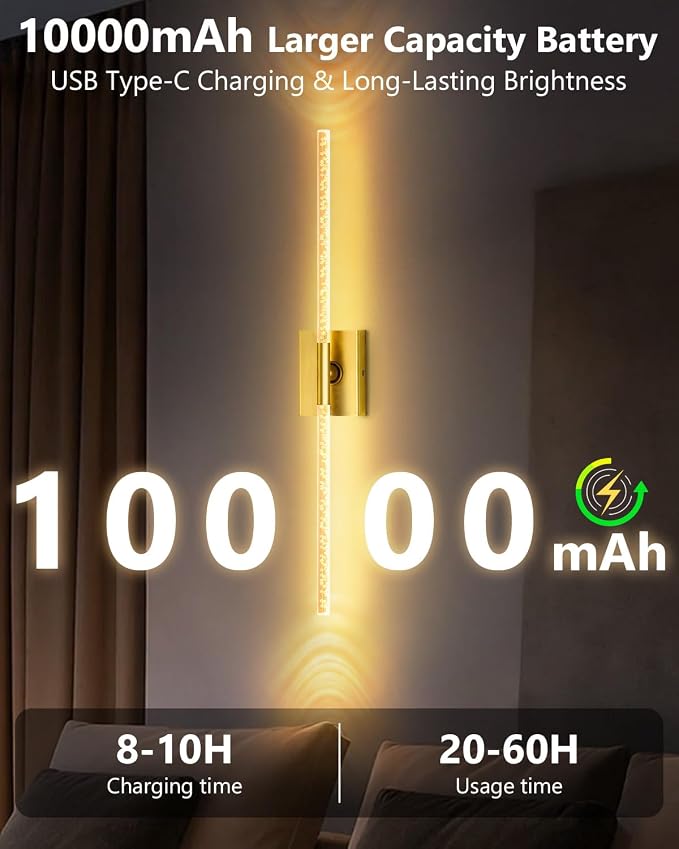 Battery Operated Wall Sconces Set of 2, Crystal Bubble Wireless Wall Light | Rechargeable 10000mAh, Touch & Remote Control, 360°Rotate 4CCT Dimmable, Wall Lamp for Living Room Bedroom Hallway Gold 31.5"