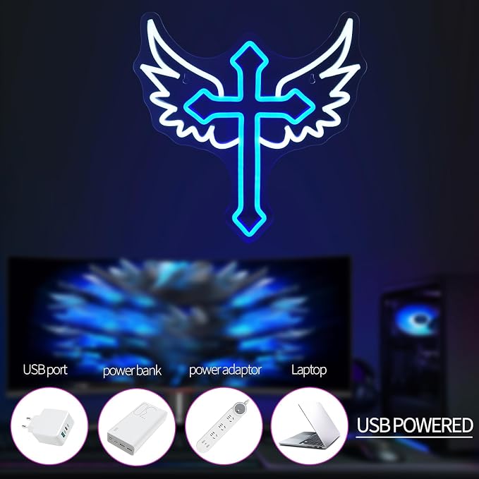 JEDAEMEN Cross Wings Neon Signs for Wall Decor White Blue LED Light Sign | Cross Led Sign Neon Lights for Preppy Room Decor Light Up Sign for Birthday Party Decoration USB Powered