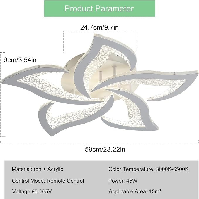 Garwarm 23" Modern Dimmable Flower LED Ceiling Light with Remote, White | Low Profile Flush Mount Ceiling Light Fixture,3000K-6500K with Memory for Bedroom, Living Room, Dining Room, Kitchen, Hallway