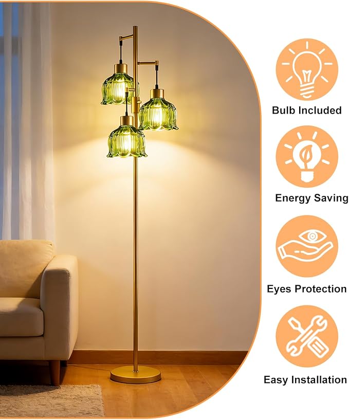 Lightdot 3-Light Floral Floor Lamp 65'' Dimmable Floor Flower Lamp with Green Glass Shade& Bulbs Included, Mid Century Standing Tall Lamp with 5Lbs Heavy Base for Living Room/Bedroom/Sofa Beside-Gold