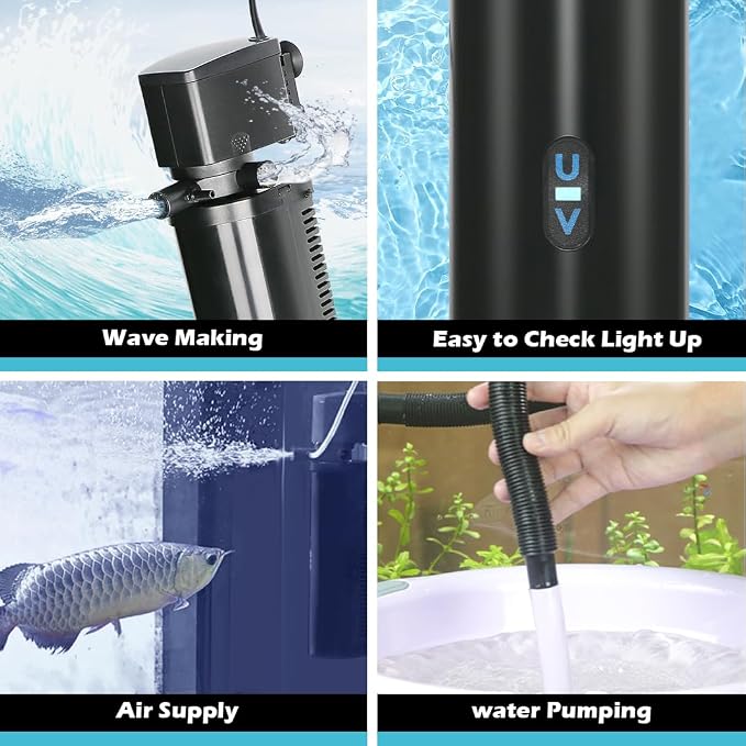 COOSPIDER Aquarium Filter with 7W U-V Light 300GPH for 75-200 Gallon Tank | Submersible Fish Tank Filter with 22W Powerful Pump for Green Clean, Turtle Tank, Oxygen Supply, Deodorization, Water Cycle