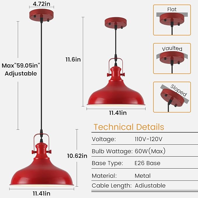 Red Farmhouse Pendant Lights, 11.4" Industrial Pendant Lighting for Kitchen Island, Kitchen Island Lighting, Island Pendant Light for Kitchen, Barn, Dining Room, 3 Pack