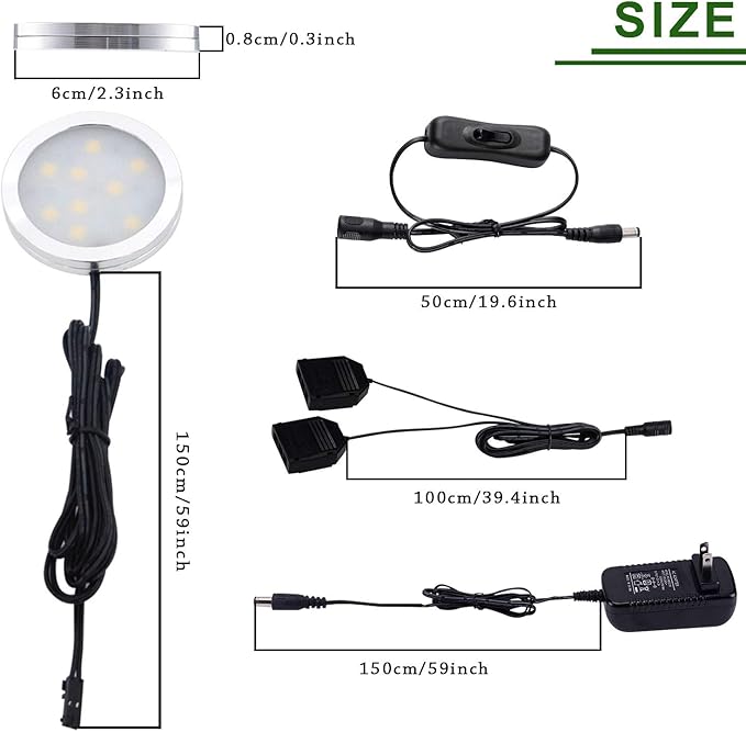 AIBOO 12V LED Under Cabinet Lights Kit 6 Pack Black Cord Aluminum Puck Lamps for Kitchen Counter Closet Lighting with Manual on/Off Switch 12W 6 Lights (6000K Daylight White)