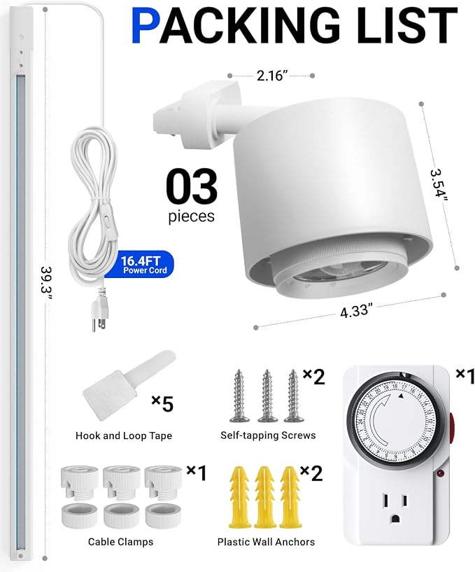 Barrina TR40C Track Grow Light, 3 x 40W, 4000K, H-Type Track, White Cover | Full Spectrum LED Wall Plant Lights, 15°-60° Adjustable Beam Angle, Ceiling Mounted Grow Bulbs with Timer and Power Cord