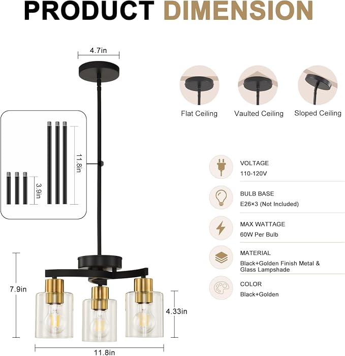 Black Brass Dining Room Chandelier, 3 Light Modern Industrial Pendant Light for Kitchen Island, Adjustable Height Ceiling Light with Clear Glass Shades,E26 Base,Dimmable