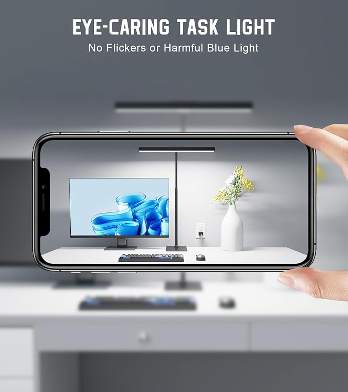 LED Desk Lamp for Home Office with Base, Eye-Caring Desk Light 12W | Tall Lamp for Computer Monitor Task Reading, Adjustable Gooseneck, 5 Dimmable Brightness & Color, USB Touch Control, Timer