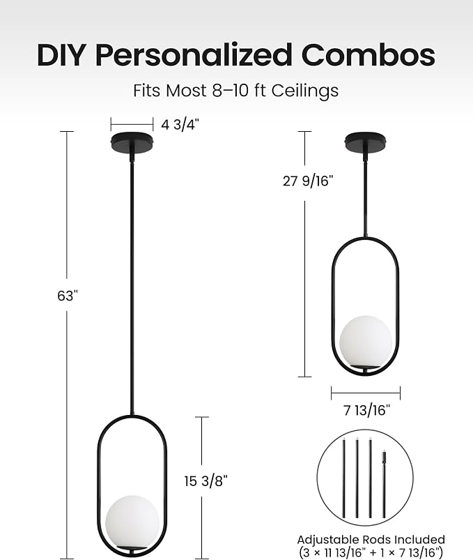 Yunnix 3 Pack Pendant Lights Kitchen Island, Pendant Light Fixtures, Modern Black Globe Glass Pendant Lighting, Mid Century Chandelier One Light for Bathroom Bedroom Dining Room