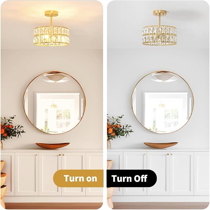 Brushed Gold Crystal Ceiling Light, Modern Semi Flush Mount Ceiling Lighting, Hallway Lighting Fixtures, Small Chandelier Light Fixture for Kitchen Entryway Bedroom Dining Room, 3-Light, 12 Inch