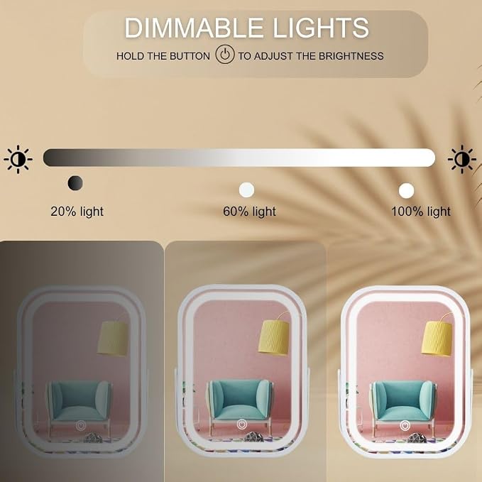 Vanity Mirror with Lights 6x8 Inch, Rechargeable Makeup Mirror for Desk, 3-Color Lighting & Touch Control Tabletop Mirror Lights, Portable Cordless Travel Mirror
