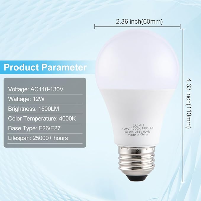 4PK 4000K,Garage Door Opener Light Bulbs, 1500LM Ultra Bright, Minimize Interference, Compatible with Most Garage Door Openers, 12W, 120V, A19 Bulbs with E26 Base