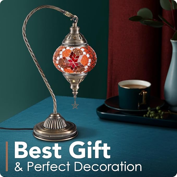 Yarra-Decor Turkish Moroccan Lamp with Bronze Base 3 Color Options Handmade Swan Neck Mosaic Glass Bedside Lamps for Bedroom (LED Bulb Included)(Red2)