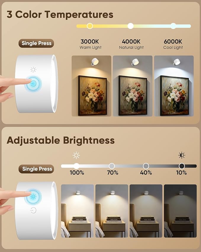 LED Wall Mounted Lights 2 Pcs with Remote, Rechargeable Wall Sconce with 3 Color Temps & Dimmable Magnetic 360° Rotation Cordless Light for Bedroom Reading Bedside (White, 2 Pack)