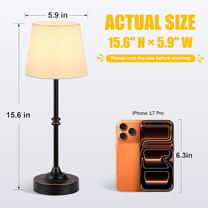 Kakanuo Rechargeable Cordless Table Lamp Antique Black - 1 Pack 4000mAh Battery Operated Lamp, 3000K Warm Light, Touch Control Stepless Dimming, for Bedside, Dining Table, Home Decor