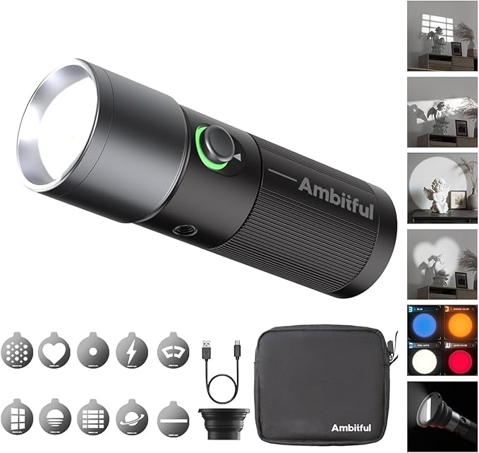 AMBITFUL LED Photography Flashlight, 4 Color Modes 10 Brightness Levels, 8400mAh Rechargeable Handheld Fill Light with Metal Magnetic Gobos for Video Photography Vlog (10W)