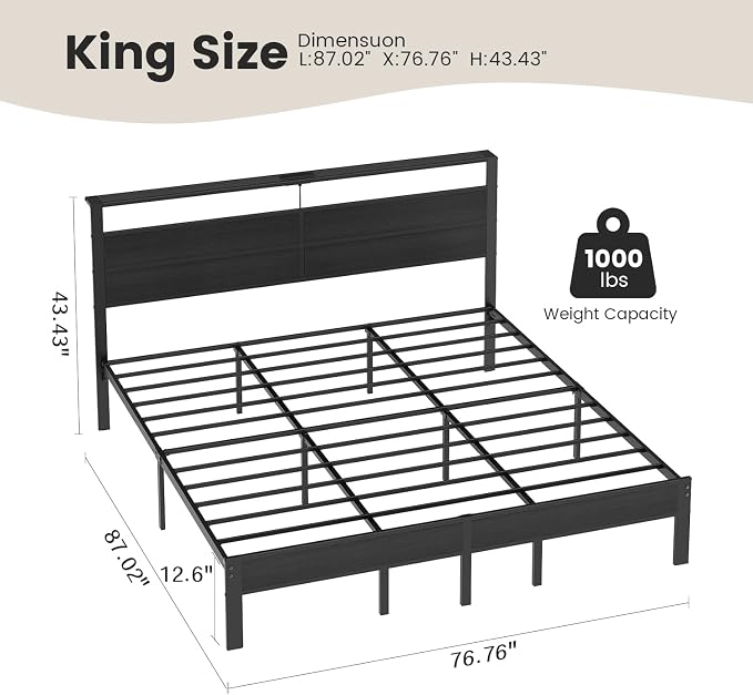 King Size Bed Frame with LED Lights and Charging Station | Black Metal Platform Bed with Wood Headboard, Sturdy Slats, No Box Spring Needed, Noise Free, Easy Assembly
