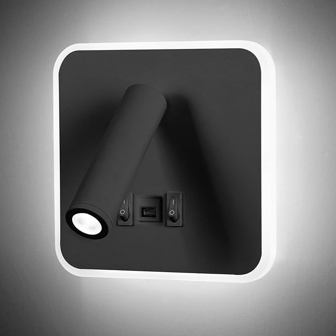 Kawell Indoor LED Wall Lamp with Switch Adjustable Bedside Wall Spotlight Modern LED Reading Wall Light with USB Charging Port for Bedroom Living Room Study Library, Black(Cold White)