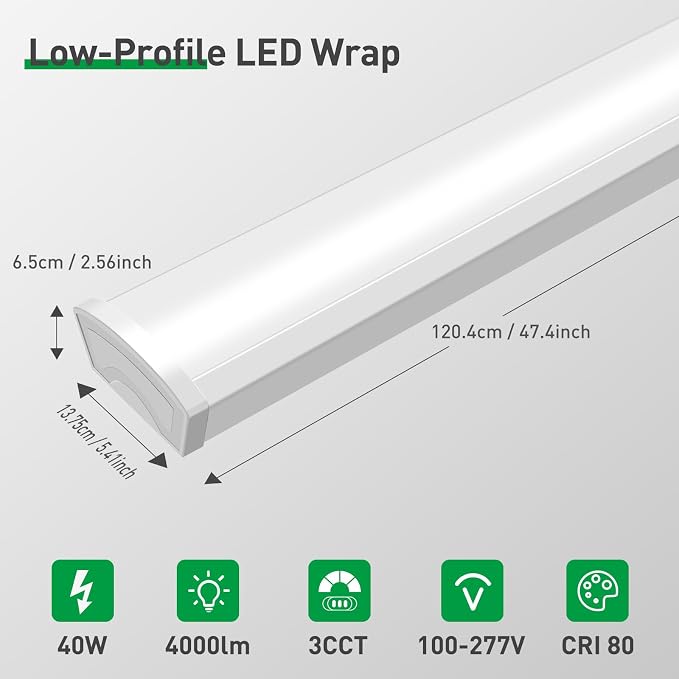 ALUSSO® 3CCT 3000K/4000K/5000K Adjustable LED Wraparound Light, 4FT 40W LED Shop Lights, Low-Profile Flush Mount Ceiling Light Fixture for Kitchen, Closet, Garage, Office, Hallway, 2Pack