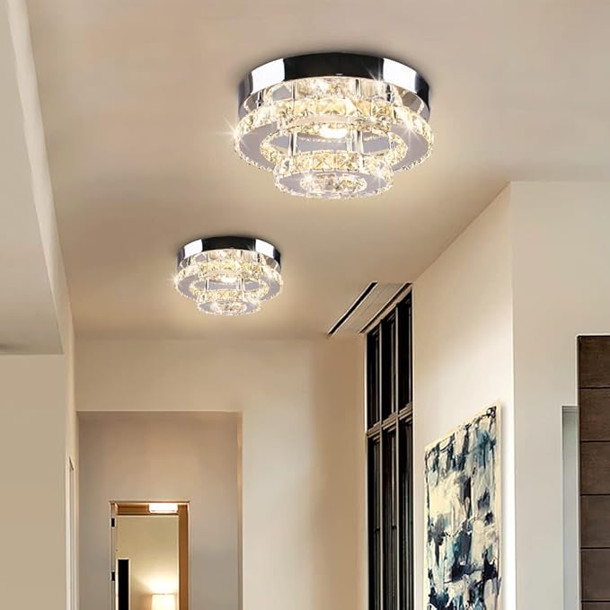 Mini Chandelier LED Crystal Ceiling Light 2 Layers Round Flush Mount Ceiling Light Modern Chandelier Lighting for Hallway Staircase Kitchen Bathroom (Multicolor)