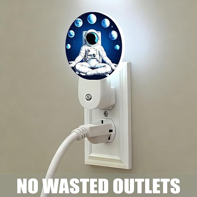 Plug-in Astronaut Night Light Planets Moons Cosmic Meditation Night Lights Plug into Wall with Auto on/Off Sensor, 0.5W LED Nightlight for Bedroom Bathroom Kitchen Hallway
