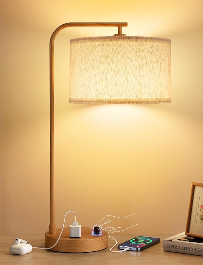 Innqoo Wood Table Lamp for Bedroom with USB Port and Outlet, Dimmable Nightstand Bedside Lamps with Linen Lampshade, Desk Lamp for Home Office, Living Room, Guest Room, LED Bulb Included