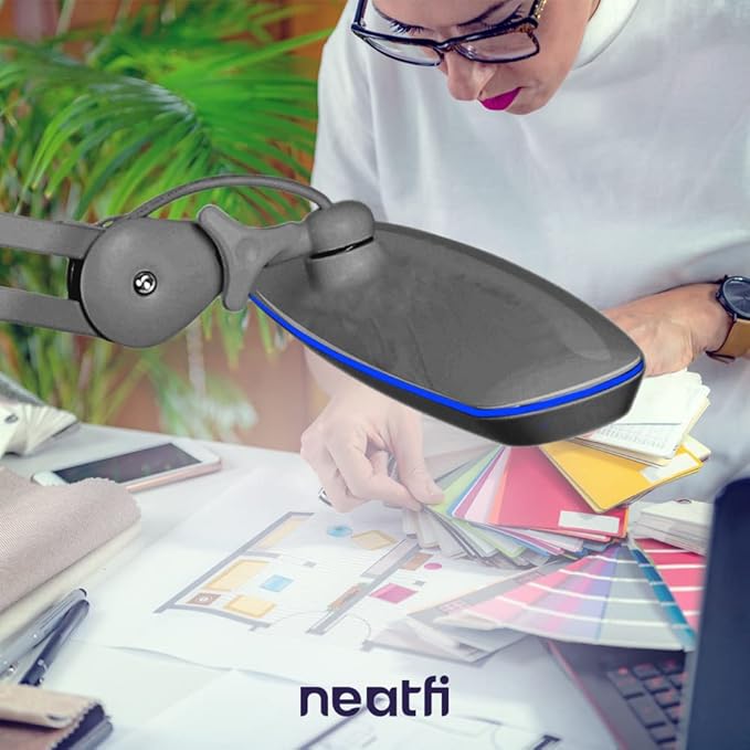 Neatfi XL 2,200 Lumens 24W LED Desk Lamp – 23” Wide Shade | Dimmable Eye-Caring Task Light | Adjustable Arm | Home Office, Study, Crafts & Nail Tech (Non-CCT with Clamp, Silver)