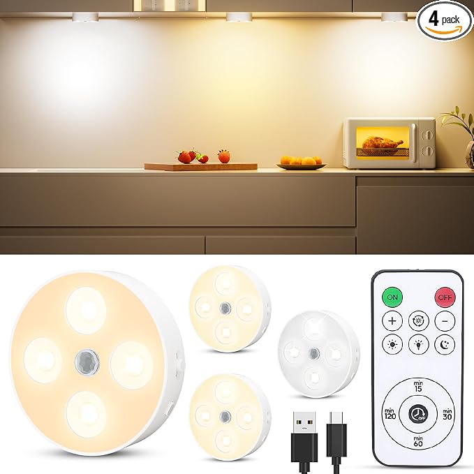Under Cabinet Lighting, 1500mAh Rechargeable Motion Sensor Puck Lights with Remote, 3 Color Temper, Magnetic Stick on Light, Dimmable Under Counter Lights for Kitchen, Shelf, Closet, Stair, 4 Pack