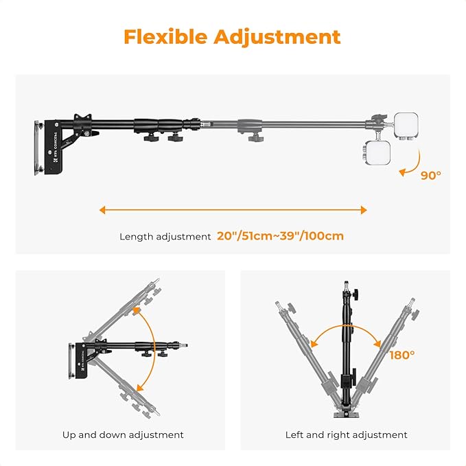 K&F CONCEPT Wall Mount Boom Arm 39.4"- Rotating Triangle Stand for Ring Light, Softbox, Reflector - Support 180°Flexible Rotation, 20-39in Adjustable Length, 20lbs Heavy Duty with 1/4''&3/8'' Mount