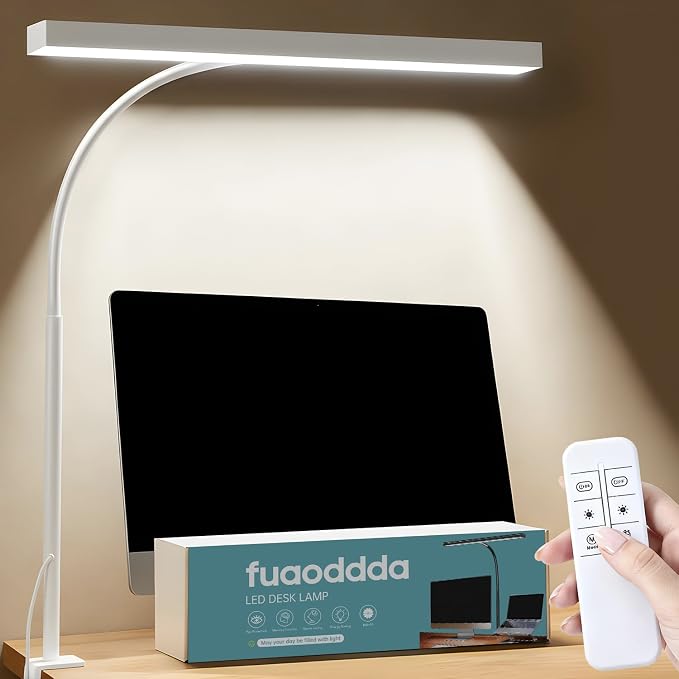 LED Desk Lamp with clamp, Remote Control Desk Lamp, 5 Color Modes & 10 Brightness Levels, 17'' Wide Light Bar, Eye Caring Gooseneck Desk Light, Adapter Included
