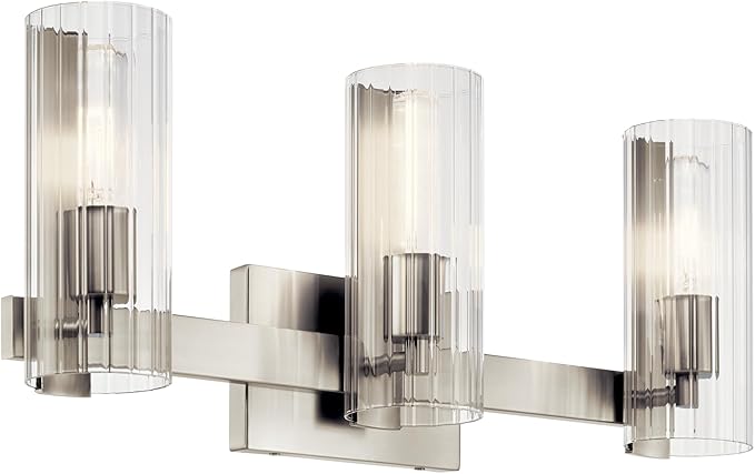 Kichler Jemsa 3 Light Vanity, Modern Light with Clear Fluted Glass in Brushed Nickel for Bathroom or Powder Room (9.75" x 22.75"), 55168NI