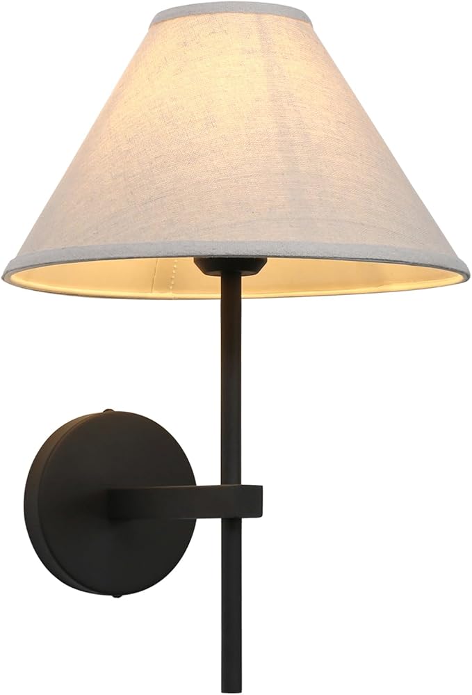 Pathson Hardwired Linen Wall Sconce Big Cone Fabric Lampshade, Vintage Wall Vanity Light Fixture Upwards Install, Indoor Bedside Lamp Victorian Decor for Living Room, Stairwell, Fireplace, Foyer