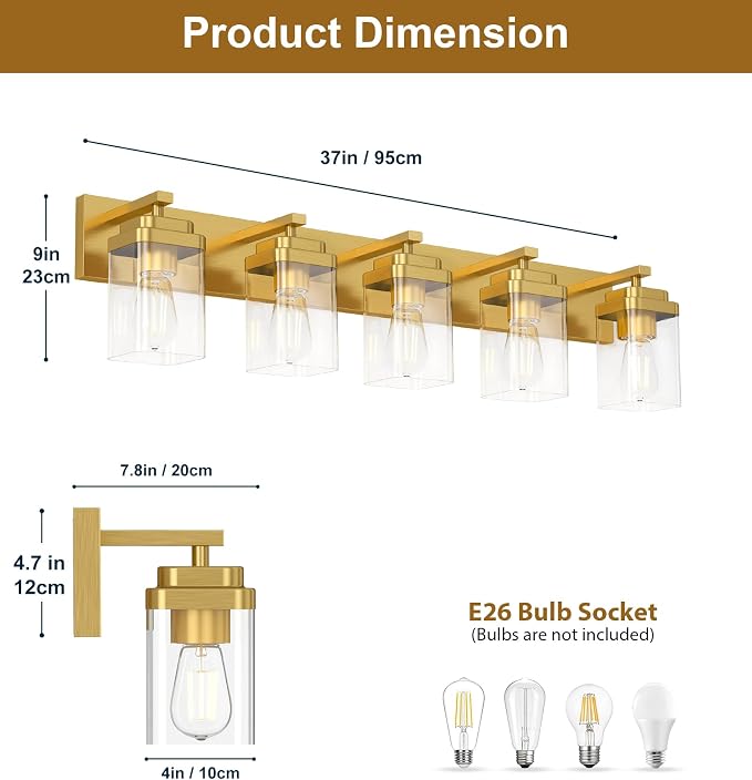 Brushed Gold Bathroom Light Fixtures, 5 Lights Bathroom Lighting Fixtures Over Mirror, Square Design & Rectangle Large Backplate, Modern Vanity Lighting Fixtures, for Living Room/Bedroom