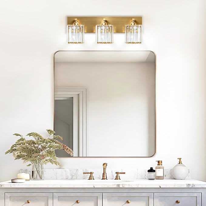 Gold Crystal Bathroom Vanity Light, 3-Light Modern Bathroom Lighting Fixtures Over Mirror,Chrome Wall Sconce Light Fixtures with Square Shade
