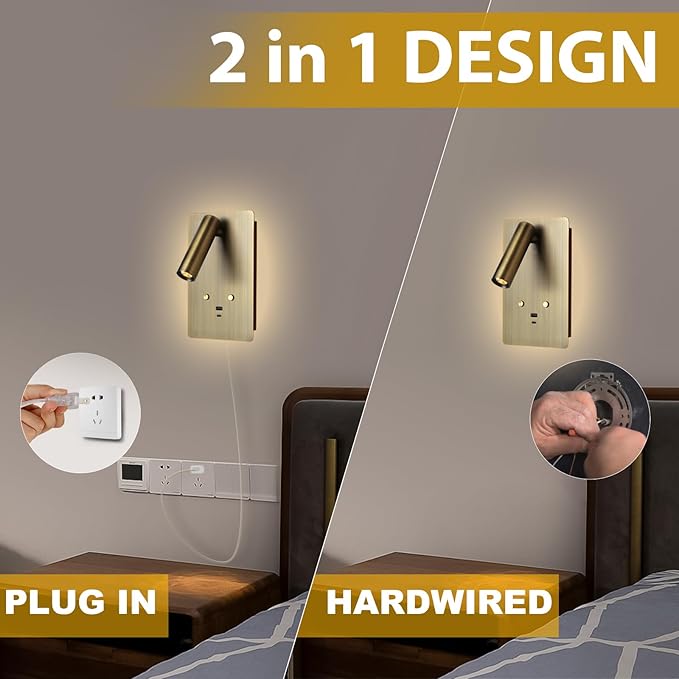 ZEROUNO Wall Mounted Reading Light,Dimmable Plug in Wall Sconce with USB A+C Ports,Touch Control Indoor LED Wall Lighting for Bedroom Bedside 3000K