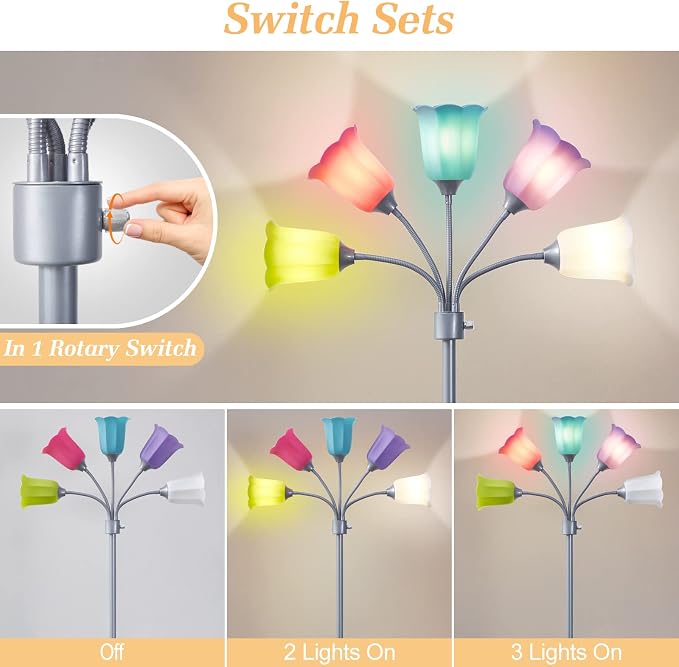 Medusa LED Floor Lamp, Multi Head Modern Tall Lamp with Adjustable Gooseneck Standing Lamps Led Tall Lamp for Living Room Bedroom Kids Room Office 6 Color Lampshades Bulb Not Included Silver