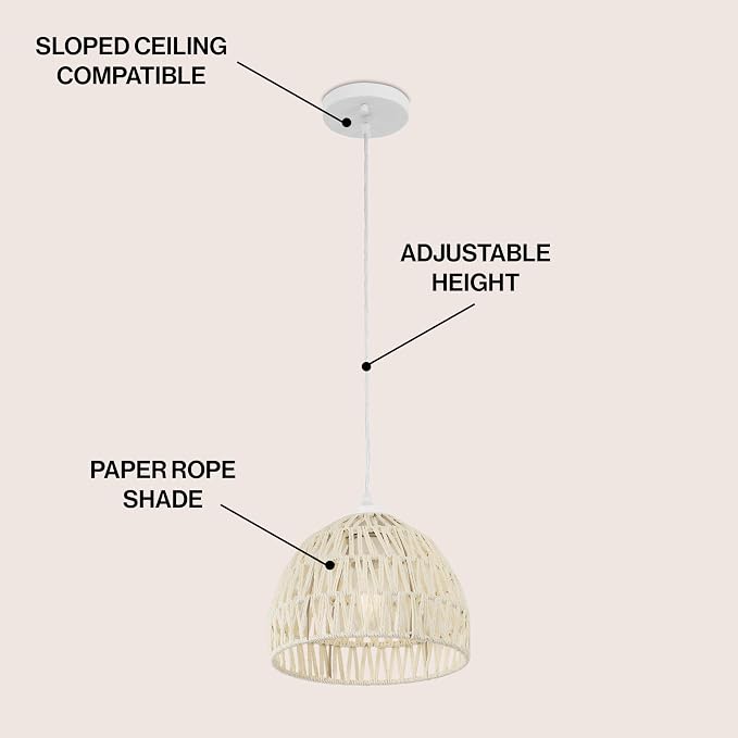 JONATHAN Y Campana 1-Light Pendant Dome Ceiling Lamp, 10.25", Cream | Modern Coastal Farmhouse Decor, Adjustable Height, Woven Rope Metal Frame, LED Bulb Included, UL Listed