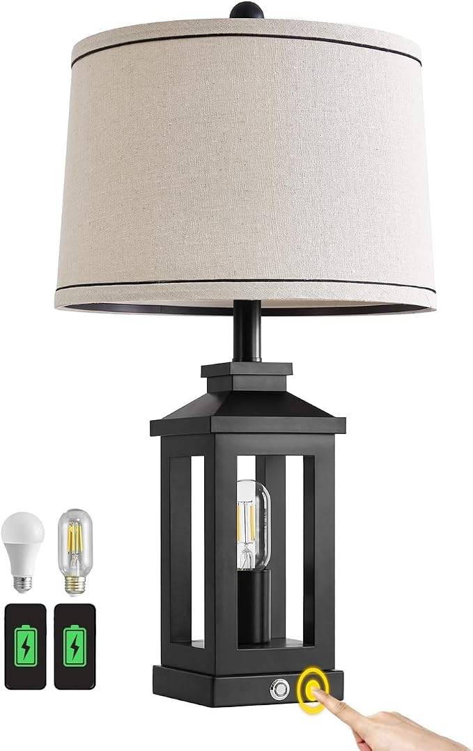 G-SAFAVA 23.75" Retro Farmhouse Black Table Lamp for Living Room Bedroom Nightstand Single Pack Touch Control Bedside Nightlight Vintage Modern Lamp with USB C+A Ports and 2 Light Sources