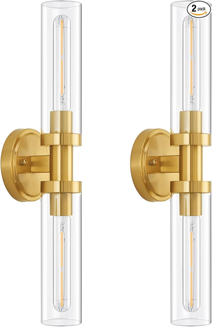 Hardwired Wall Sconces Set of 2, Brushed Gold Bathroom Wall Sconces Vanity Light Fixture with Clear Glass, Modern Farmhouse Wall Lights for Bathroom Mirror Living Room Hallway Kitchen