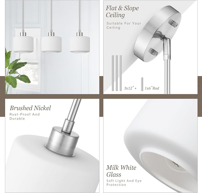 Milk Glass Pendant Lights Kitchen Island 2 Pack, Modern Brushed Nickel Hanging Light Fixtures with Rods, Mini Kitchen Pendant Lighting Over Island for Sink Bathroom, OS-YQ8153-2PBN