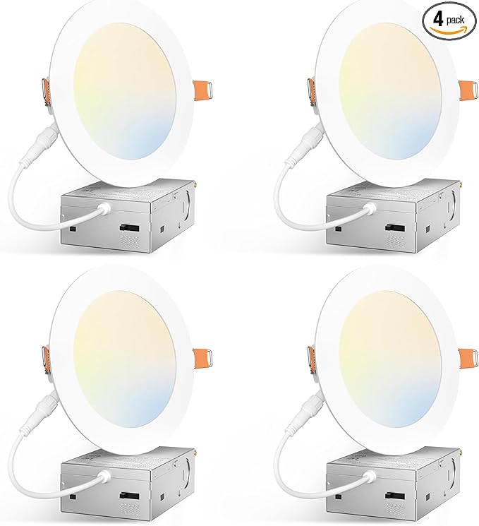 Amico 4 Pack 5 Inch 5CCT Ultra-Thin LED Canless Recessed Ceiling Light with Junction Box, 2700K/3000K/3500K/4000K/5000K Selectable, 11W=75W, 900LM High Brightness, Dimmable Wafer Downlight-ETL&FCC