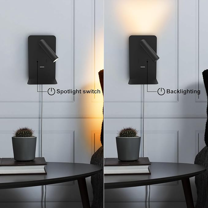 ZEROUNO Plug in Wall Sconce with Switch LED Bedside Lamp Bedroom Wall Mounted Reading Light with USB Port Wall Lighting 3000K（Black）