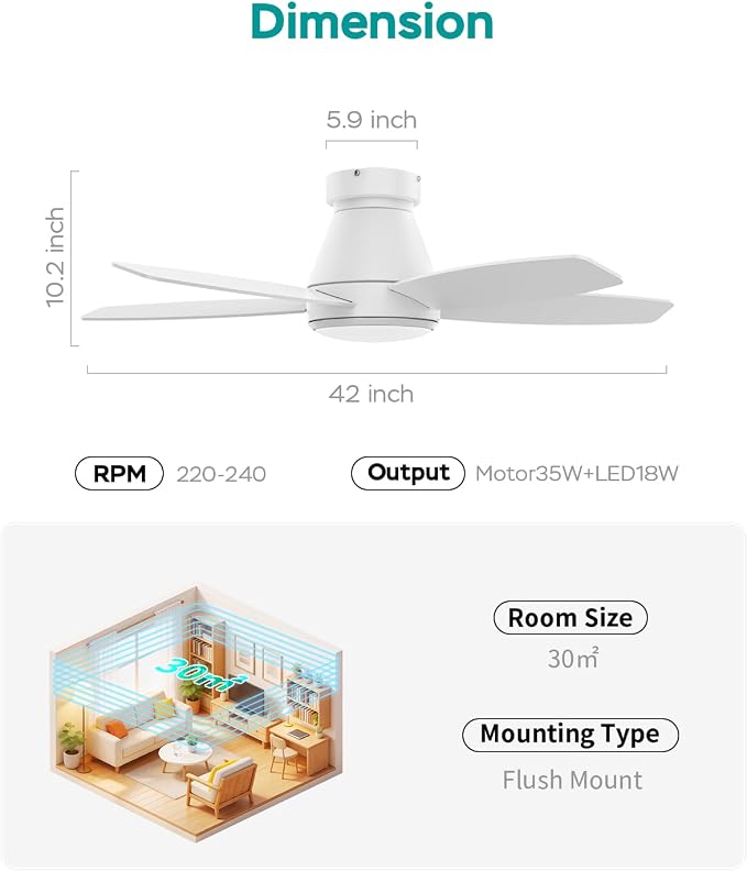 42 Inch Ceiling Fans with Lights, Quiet Reversible Fan with DC Motor, Remote & APP Control, 6-Speed, 4 Color Temperatures, Dimmable, Ceiling Fan for Bedroom Living Room,White