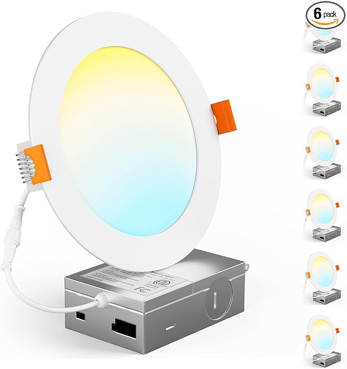 CHARKEE 6 Pack 6 Inch Ultra-Thin 5CCT LED Recessed Ceiling Light,Canless | 1050LM, 2700K-5000K Selectable,12W Eqv 110W,5%-100% Dimmable,Wafer Downlights with Junction Box,ETL & Energy Star & FCC