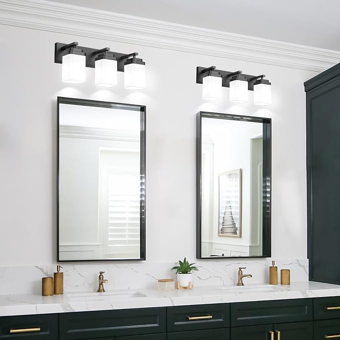 Matte Black Bathroom Light Fixtures, 3 Lights Bathroom Lighting Fixtures Over Mirror, Square Design & Rectangle Large Backplate, Modern Vanity Lighting Fixtures, for Living Room/Bedroom