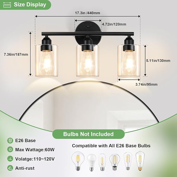 3-Light Bathroom Vanity Light Fixture, Black with Clear Amber Glass,17.3'' | Modern Wall Lamp, For Mirror