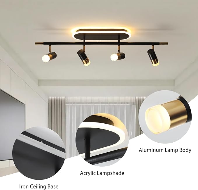 Jaycomey 4-Light LED Track Lighting Fixture with Remote Control, 41W Dimmable Ceiling Light Spotlights, Adjustable 3000K-6500K Modern Dining Room Ceiling Light for Kitchen Bedroom (Black &Gold)
