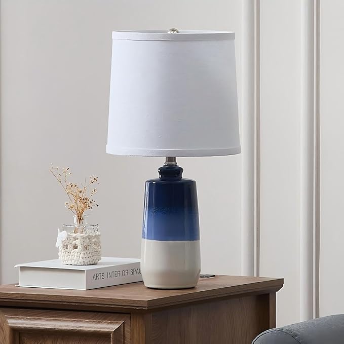 EUO 20.5" Ceramic Blue Lamps for Nightstand Set of 2, Blue Table Lamps for Living Room Set of 2, Coastal Table Lamp for Bedroom with White Barrel Lampshade, Blue White Ceramic Lamp for Small Space