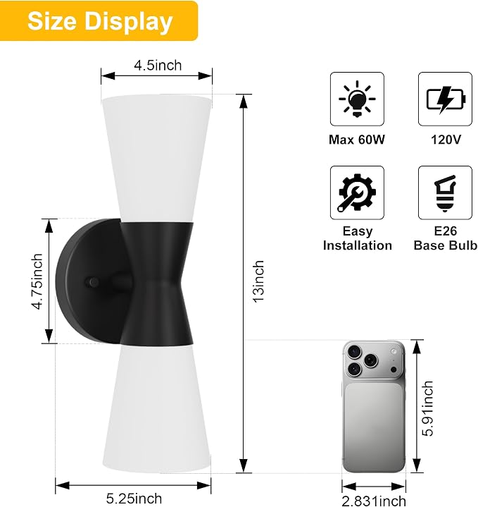 Wall Sconces Set of 2 for Bathroom, Modern Indoor Vanity Light Fixtures 13", Up Down Lighting, Wall Mount Lamp for Living Room Bedroom Hallway Stairway Fireplace Mirror E26 Base 2PC White&Black