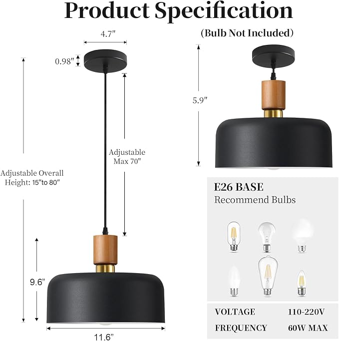 11.6" Black Pendant Light, Walnut Oak Wood & Brass Metal Drum Shade